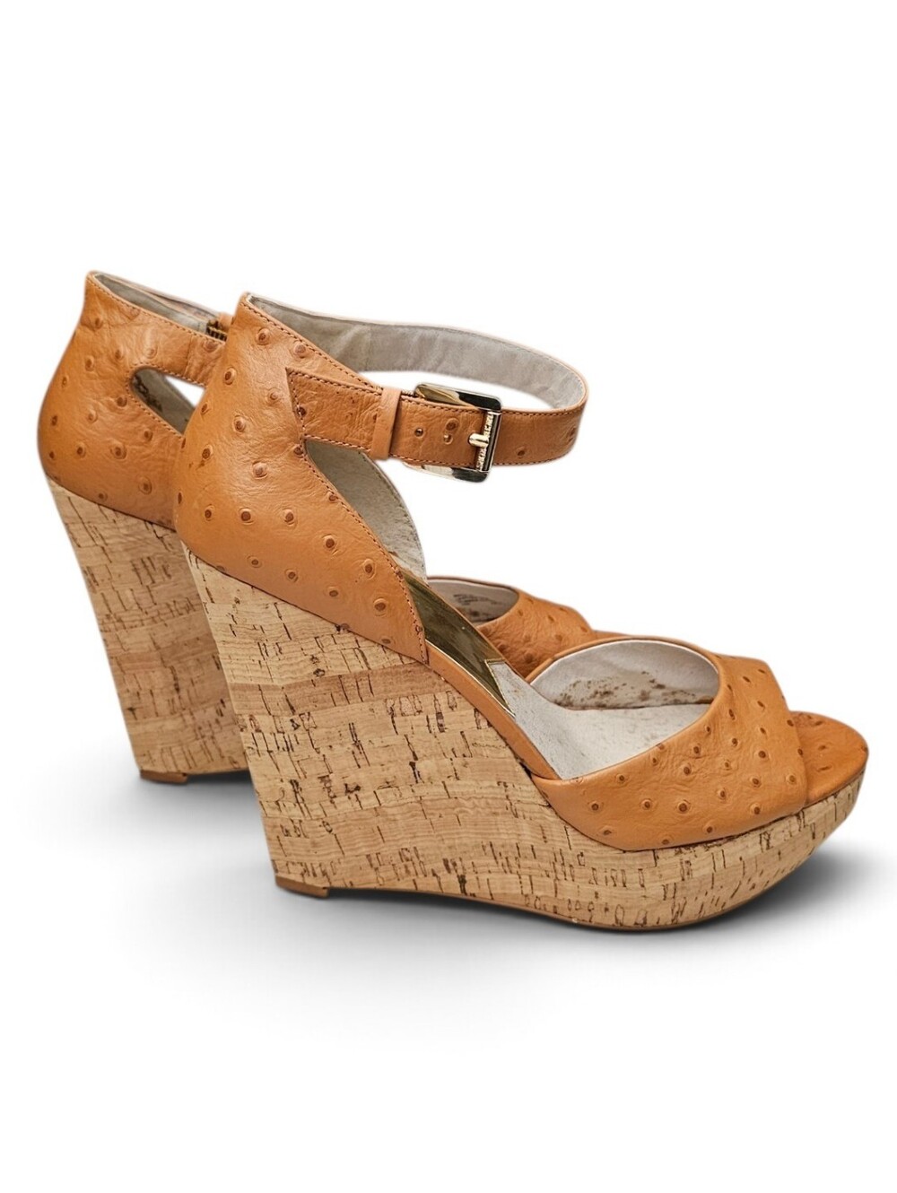 Michael Kors Ariana Ostrich Embossed Leather Cork Camel Platform Wedges Size 10M